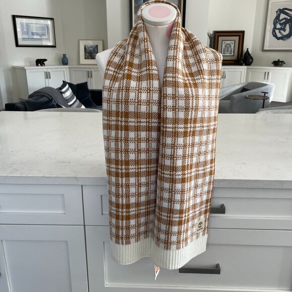 Timberland Cozy Casual Acrylic Knit Plaid Scarf Cream & Caramel Brown Sz OS NWT - Picture 1 of 11